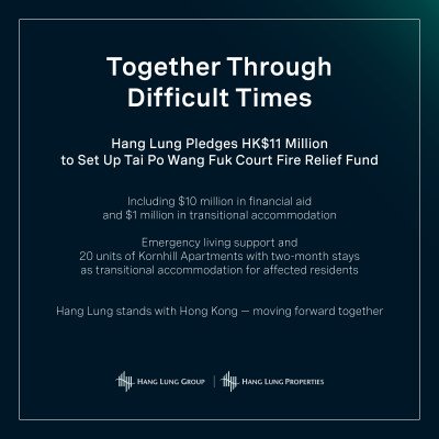 Hang Lung Pledges HK$11 Million to Set Up Tai Po Wang Fuk Court Fire Relief Fund