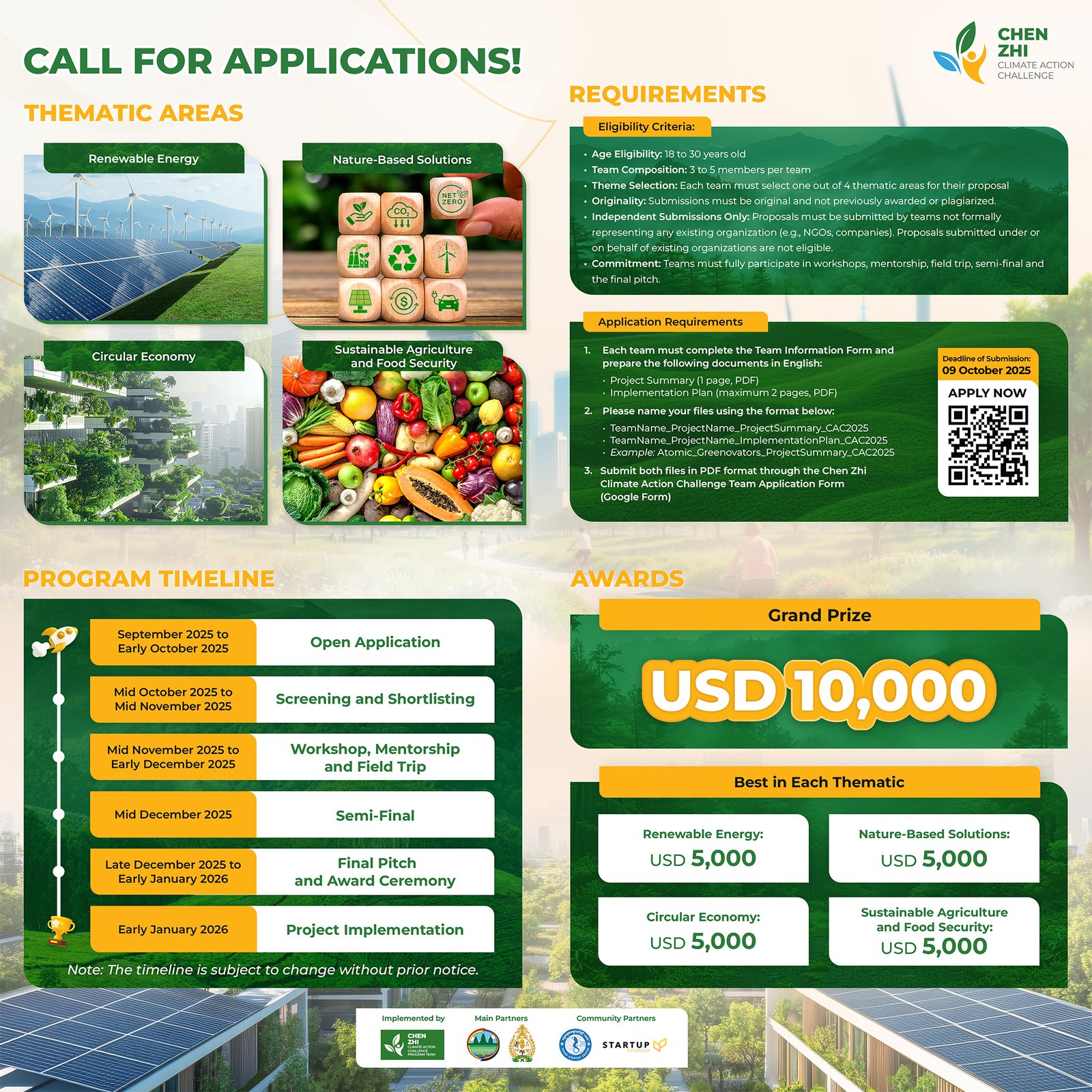 Chen Zhi Climate Action Challenge Now Accepting Applications to Empower Cambodia’s Green Innovators 1 The official launch announcement of the Chen Zhi Climate Action Challenge 2025, calling for applications from Cambodian youth innovators to develop solutions in renewable energy, nature-based solutions, circular economy, and sustainable agriculture and food security.