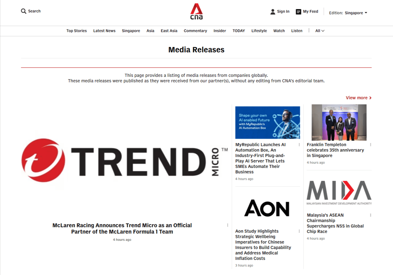 Media OutReach Newswire Strengthens Press Release Distribution Network in Singapore and Southeast Asia 1 Dedicated page on CNA for Media OutReach Newswire press releases