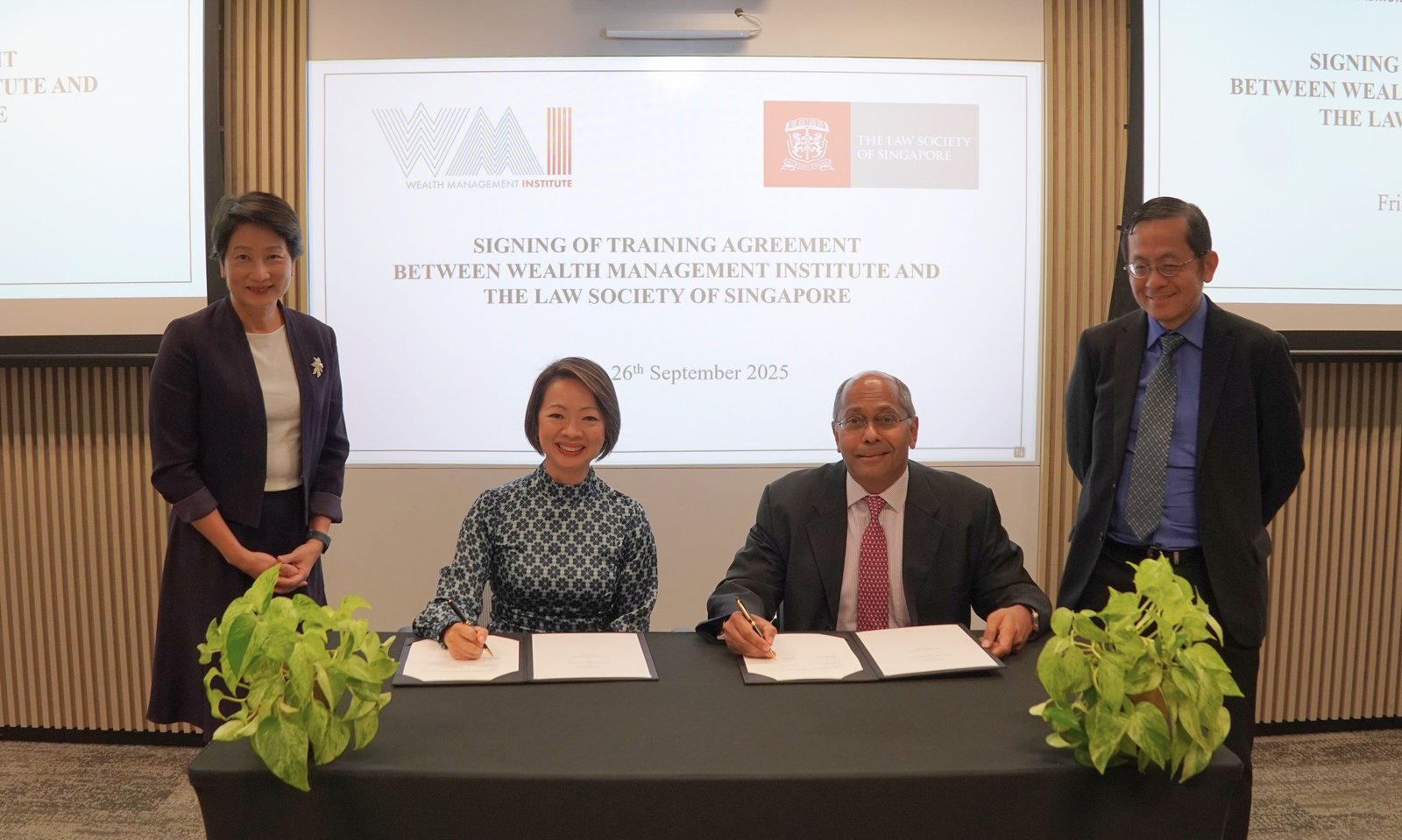 WMI and Law Society of Singapore Launch Certification Targeting 6,500 Lawyers to Support Family Office Sector Growth 1 Training agreement signed on 26 September 2025, by Ms Foo Mee Har, Chief Executive Officer, Wealth Management Institute and Mr Samuel Chacko, Vice-President, The Law Society of Singapore. Witnessed by Ms Tan Lay Peng, Principal Director, Wealth Management Institute and Mr Alvin Chen, Executive Director and Chief Legal Officer, The Law Society of Singapore.