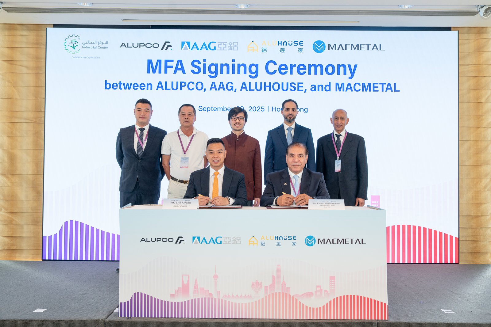 ALUPCO and AAG signed a Master Framework Agreement to build the largest integrated downstream aluminum industrial base in the Kingdom of Saudi Arabia 1 Mr. Khaled Abdel-Moneim, CEO of ALUPCO (front right), and Mr. Eric Kwong, Vice Chairman of AAG & Chairman of AluHouse (front left), signed the agreement. Witness guests (back, right to left) included Mr. Abdellateif Al Mubarak, Chairman of ALUPCO; Mr. Mahmoud Al Asmari, Director Minerals & Metals at the National Industrial Development Center (NIDC) of Saudi Arabia; Mr. Nicholas Ho Lik Chi, Commissioner for Belt & Road of the Hong Kong SAR; Mr. Chairman Kwong, Chairman of AAG; and Mr. Henry Kwong, Senior Vice President of AAG.