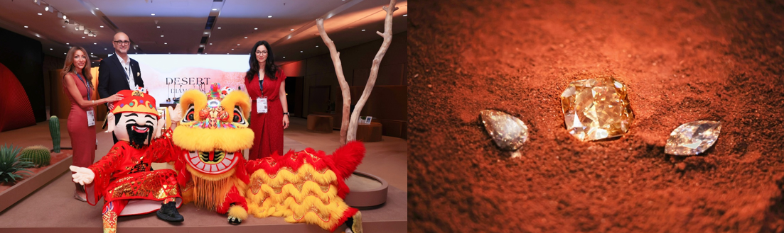 De Beers Group Unveils "Desert Diamonds" at JGW 1 (From left to right) Feriel Zerouki, Chief Trade and Industry Officer, De Beers Group, Mahiar Borhanjoo, Chief Commercial Officer, SVP Polish, De Beers Group, and Lynn Serfaty, General Manager of Natural Diamond Category Marketing, De Beers Group, officiate at the lion dance ceremony to kick start De Beers Group’s Show & Tell.