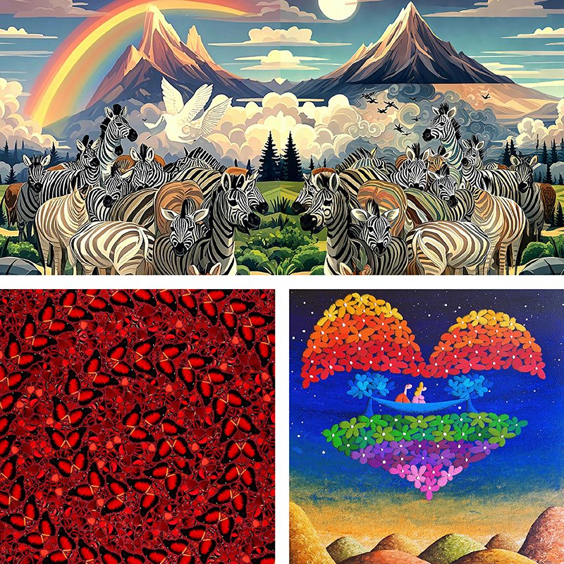 Hotel Artz Fair Unveils Global Lineup Featuring Basquiat Showcase and ULTRAMAN’s First-Ever Art Collaboration Outside Japan 2 (Top) Ethnic Group 7 (detail), Liu Liguo, Room 4510; (Bottom Left) Taytu Betul (detail), Damien Hirst, TANYA BAXTER CONTEMPORARY, Rooms 4507 & 4508; (Bottom Right) Journey of Being Deeply in Love and Side by Side (detail), Coplu, V’Art Space, Room 4512